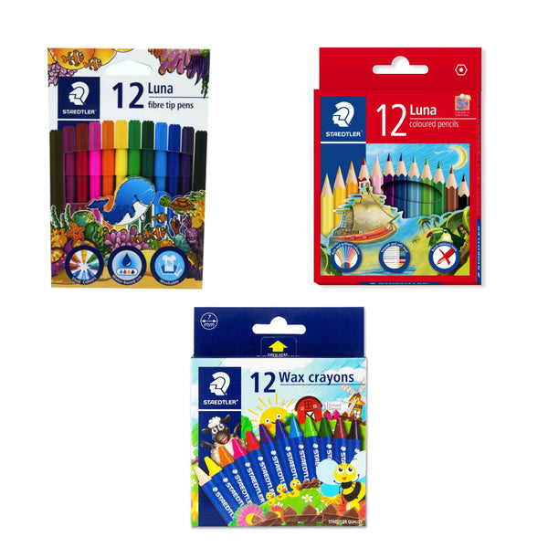 STP-PACK-420 Staedtler Set – Colour Pencil 12 Pieces + Wax Crayons 12 Pieces + Fibre Tip Pens 12 Pieces