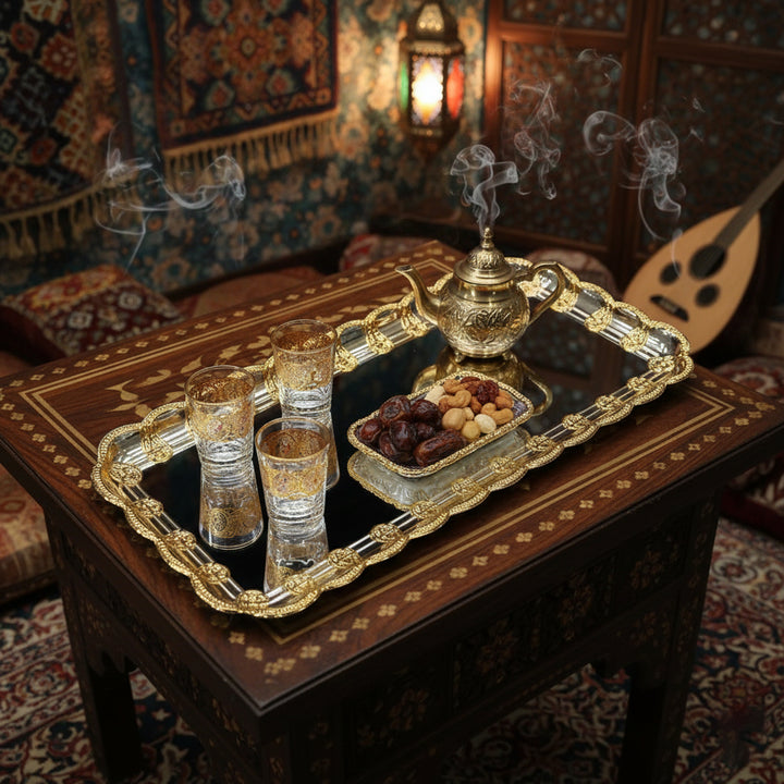 Decorative tea set with teapot, glasses, and snacks on a ornate table with a warm, ambient light.