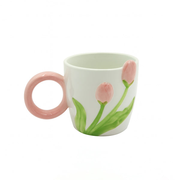 1513-02 Ceramic Mug – Pink Tulip Design with Round Pink Handle