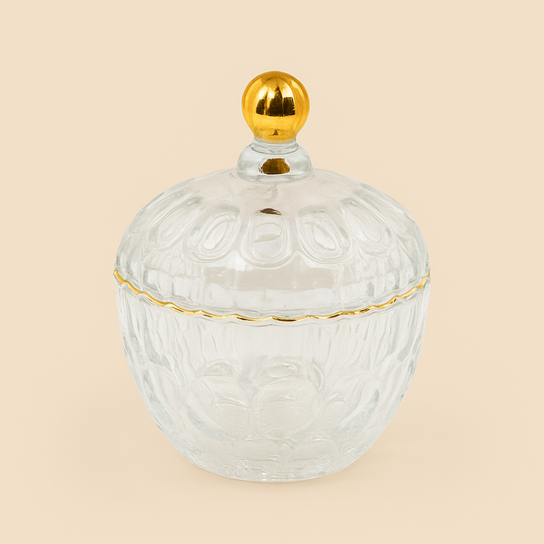 Glass Bowl with Lid and Gold Trim – 14 cm Diameter – TG006