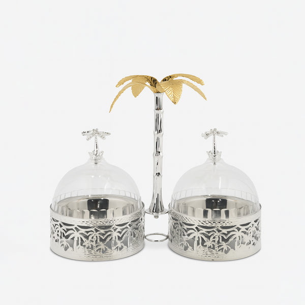 HY774 Candy Bowl Set with Dome Covers – 2-Piece with Silver Finish
