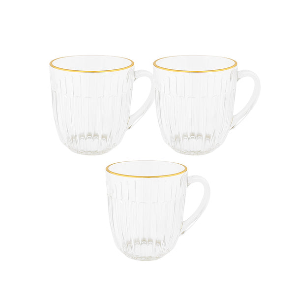 OCG207 – Coffee Cup 3-Piece Set with Gold Rim – Vertical Cut Clear Glass Design
