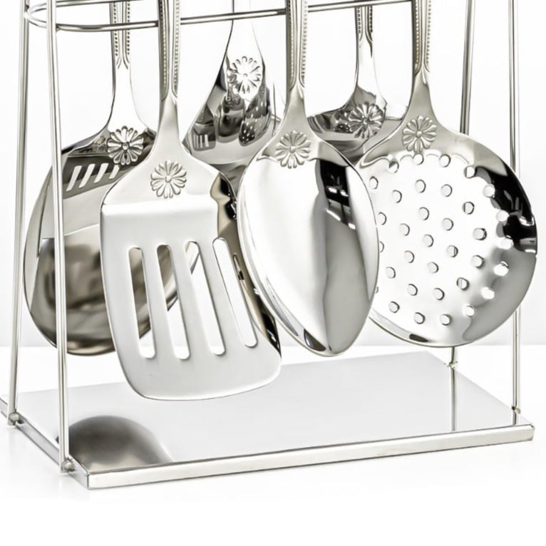 CUT0010384 7-Piece Stainless Steel Kitchen Tool Set with Stand – Gold and Silver