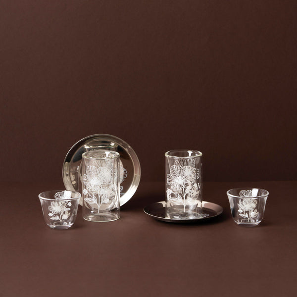 GT1122 Tea & Cawa Cup Set – 18-Piece – Elegant Clear Glass Design with White Floral Motif for Arabic Serving