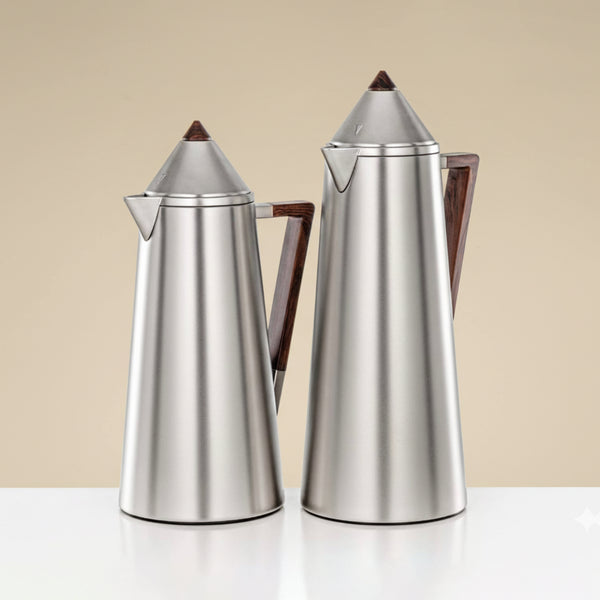 FG818 Vacuum Flask – 2-Piece Set – 1 L & 0.7 L – Matt Nickel with Wooden Handle