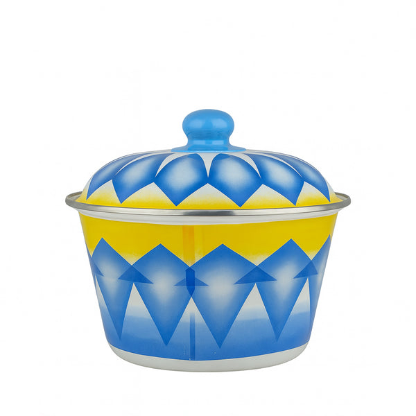 DBF22 Enamel Serving Bowl with Lid – 22 cm – Blue & Yellow Geometric Design