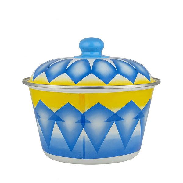DBF24 Enamel Serving Bowl with Lid – 24 cm – Blue & Yellow Geometric Design