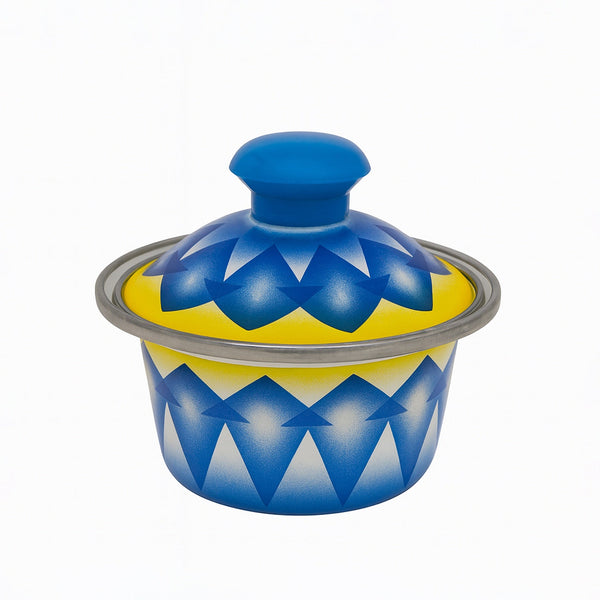DBF12 Enamel Serving Bowl with Lid – 12 cm – Blue & Yellow Geometric Design