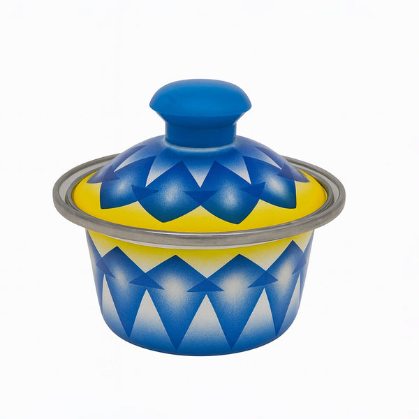 DBF14 Enamel Serving Bowl with Lid – 14 cm – Blue & Yellow Geometric Design