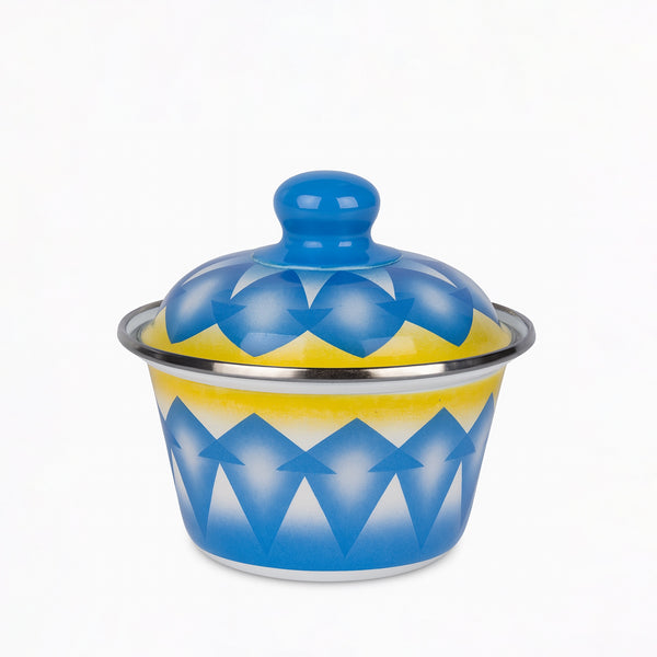 DBF18 Enamel Serving Bowl with Lid – 18 cm – Blue & Yellow Geometric Design