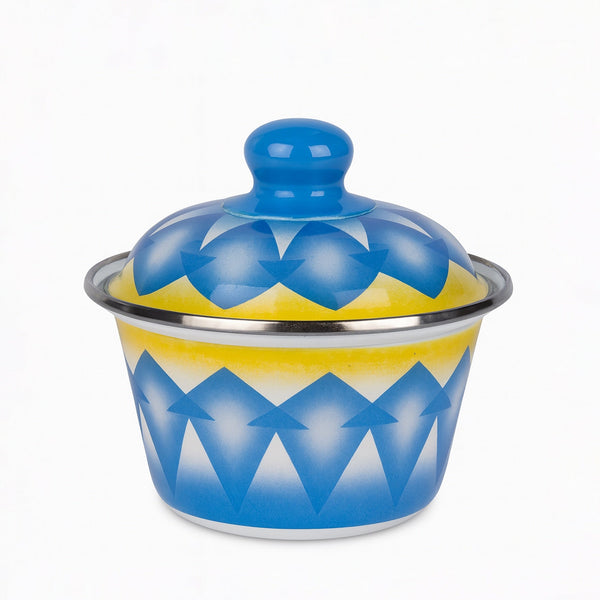 DBF20 Enamel Serving Bowl with Lid – 20 cm – Blue & Yellow Geometric Design
