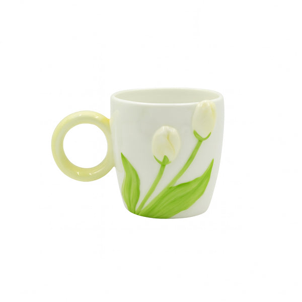 1513-03 Ceramic Mug – White Tulip Design with Round Yellow Handle
