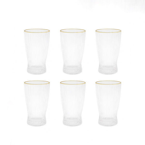 PK76149 Glass Drinking Set – 6 Pieces – Elegant Ribbed Design with Gold Rim