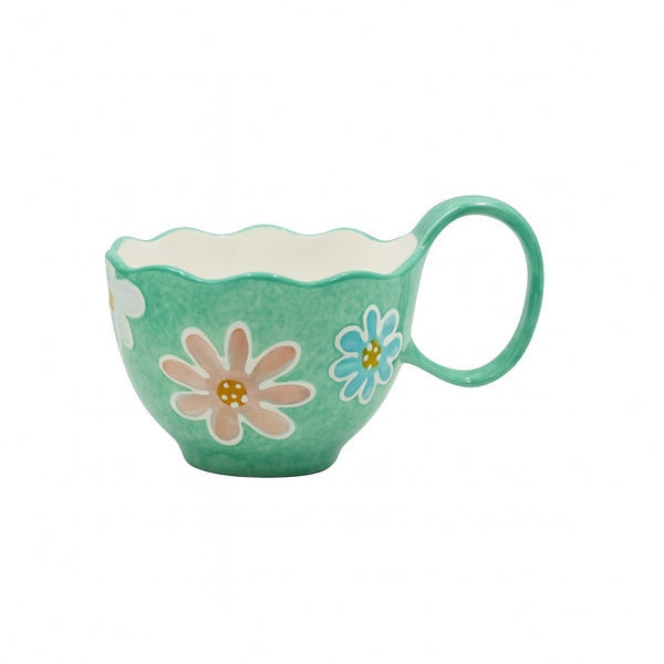 1517-10 Ceramic Mug –  550ml – Green Daisy Floral Design with Large Handle,