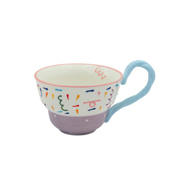 1518-09 Ceramic Mug – Multicolor Abstract Pattern with Blue Twisted Handle and Purple Base