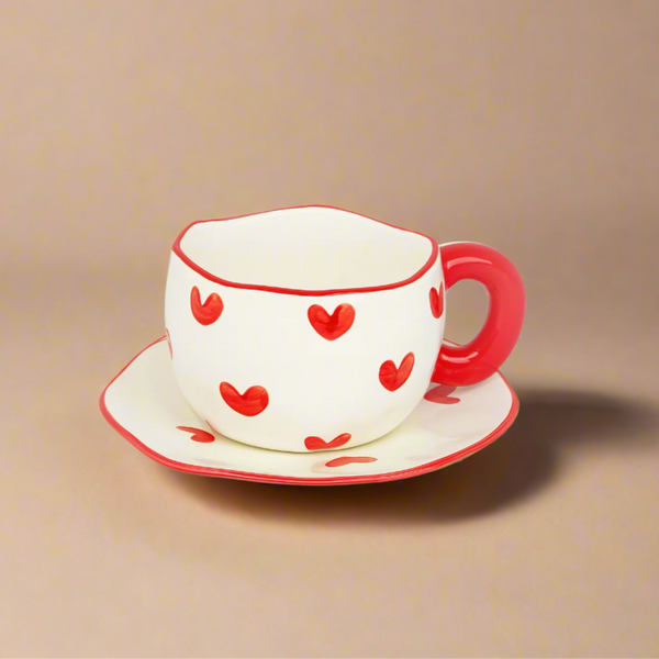 Ceramic Cup & Saucer with Soft Pink Heart Pattern – Glossy Finish – 99319-03