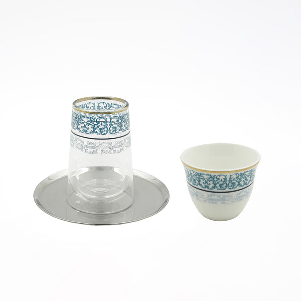 MK-427 Tea & Cawa Cup Set – 18-Piece – Blue Rim Design