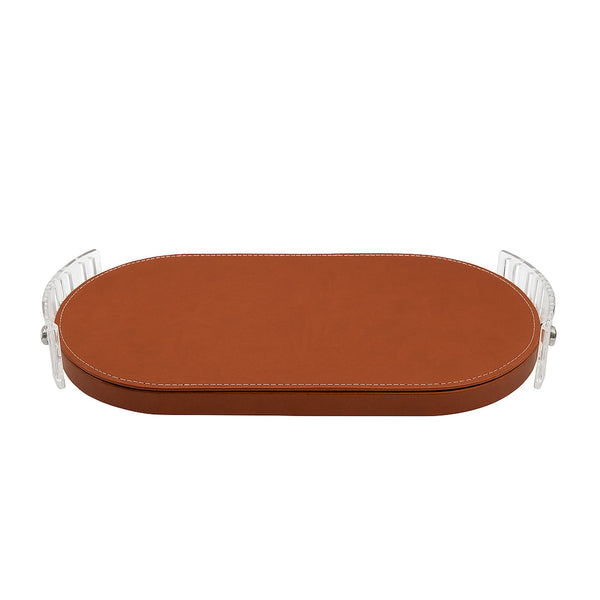 TR0042 – Acrylic Oval Tray with Leather Base – 50×25cm – Brown