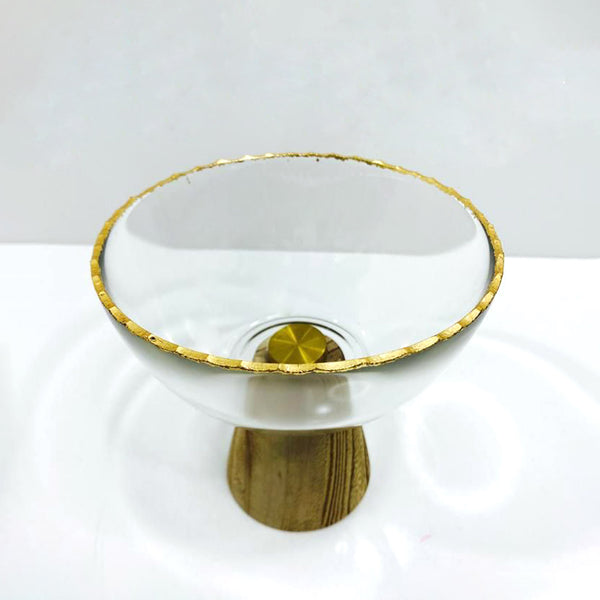 VG200 Glass Bowl With Wooden Stand and Gold Rim - 14.5cm x 14.5cm x 14cm
