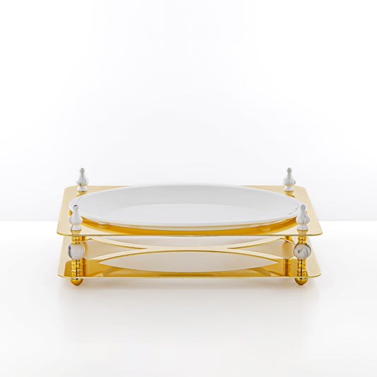 HM4112-G Oval Sweet Tray – Elegant Gold Finish with White Ceramic Plate - 38cm (L) × 28cm (W) × 7cm (H)