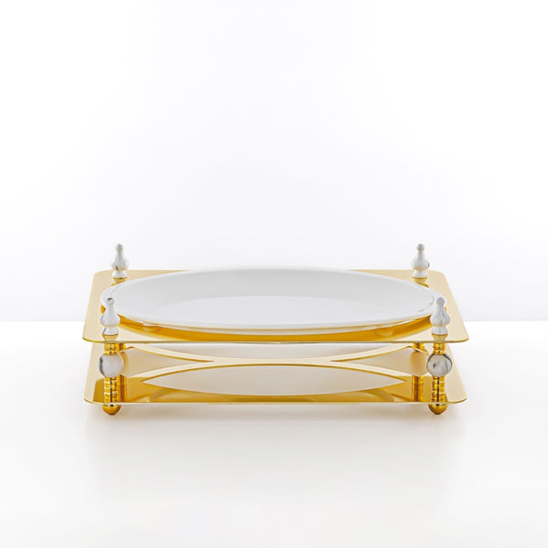 HM4112-G Oval Sweet Tray – Elegant Gold Finish with White Ceramic Plate - 38cm (L) × 28cm (W) × 7cm (H)