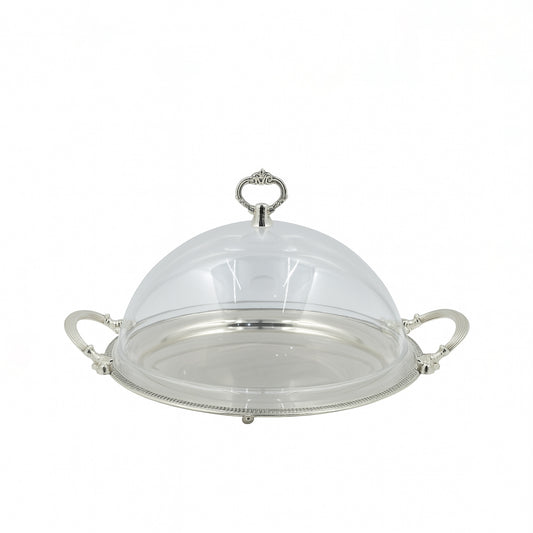CD-6909 – Round Serving Plate with Acrylic Lid and Ornate Silver Handle – 33cm (D)