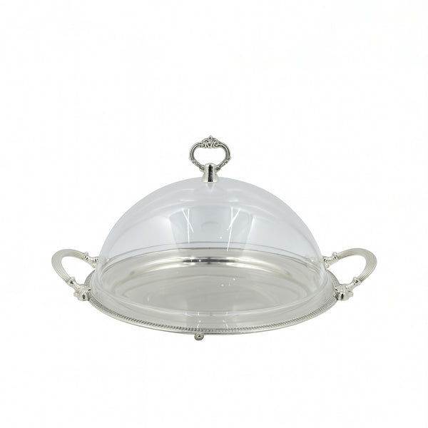 CD-6909 – Round Serving Plate with Acrylic Lid and Ornate Silver Handle – 33cm (D)