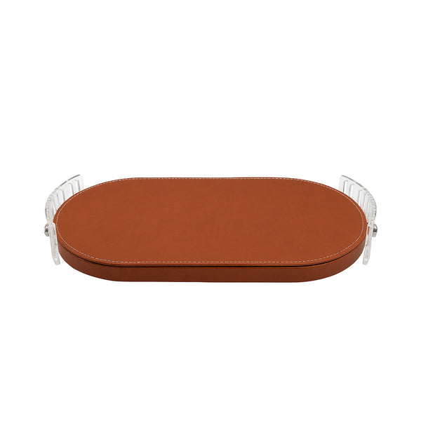 TR0041 – Acrylic Oval Tray with Leather Base – 40×20cm – Brown
