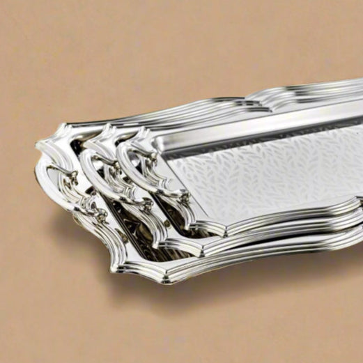 HT2411006 Serving Tray 3-Piece Set – Elegant Silver-Plated Design for Luxurious Serving