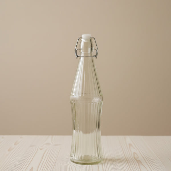 TX111 Glass Water Bottle – 800ml Ribbed Design with Secure Clip-Top Lid