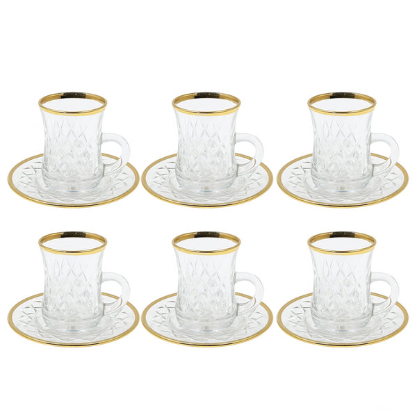 5340321 Tea Cup & Saucer – 12-Piece – Cross-Cut Crystal-Style with Gold Rim