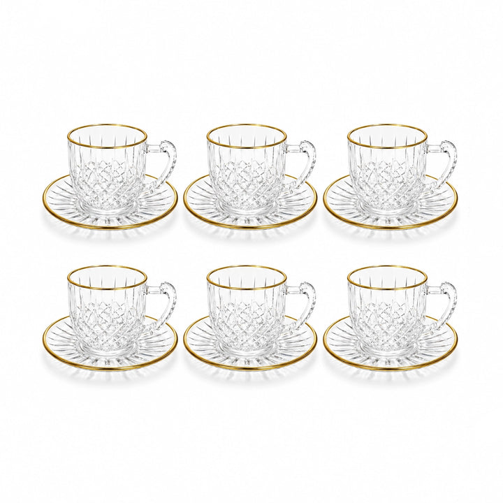 Tea Cup with Saucer Set – 12 Pieces 245ML Clear Textured Glass Gold Rim ...