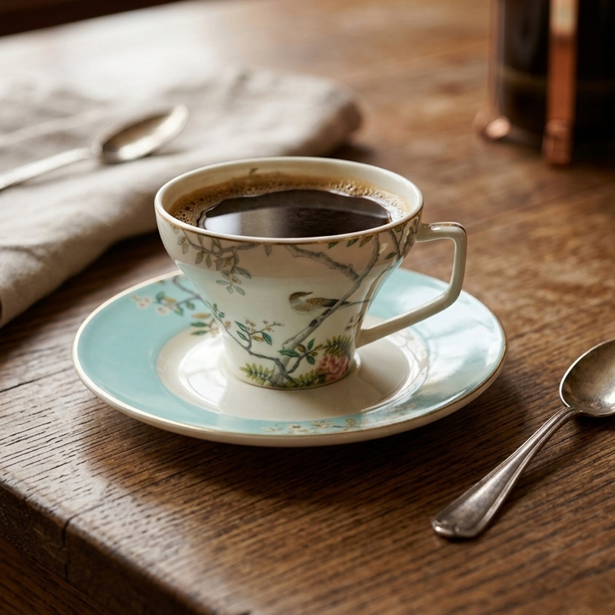 RM-470 Ceramic Turkish Coffee Cup & Saucer Set – 12 Pieces – Floral Bird Design