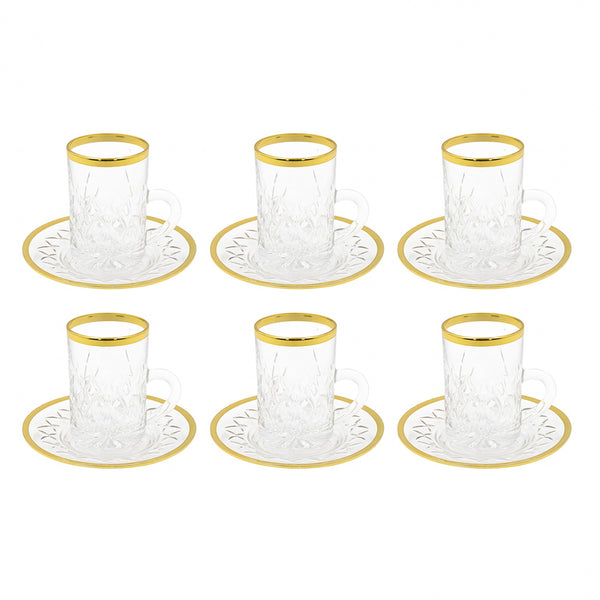 5340300 Tea Cup & Saucer – 12-Piece – Diamond-Cut Crystal-Style with Gold Rim
