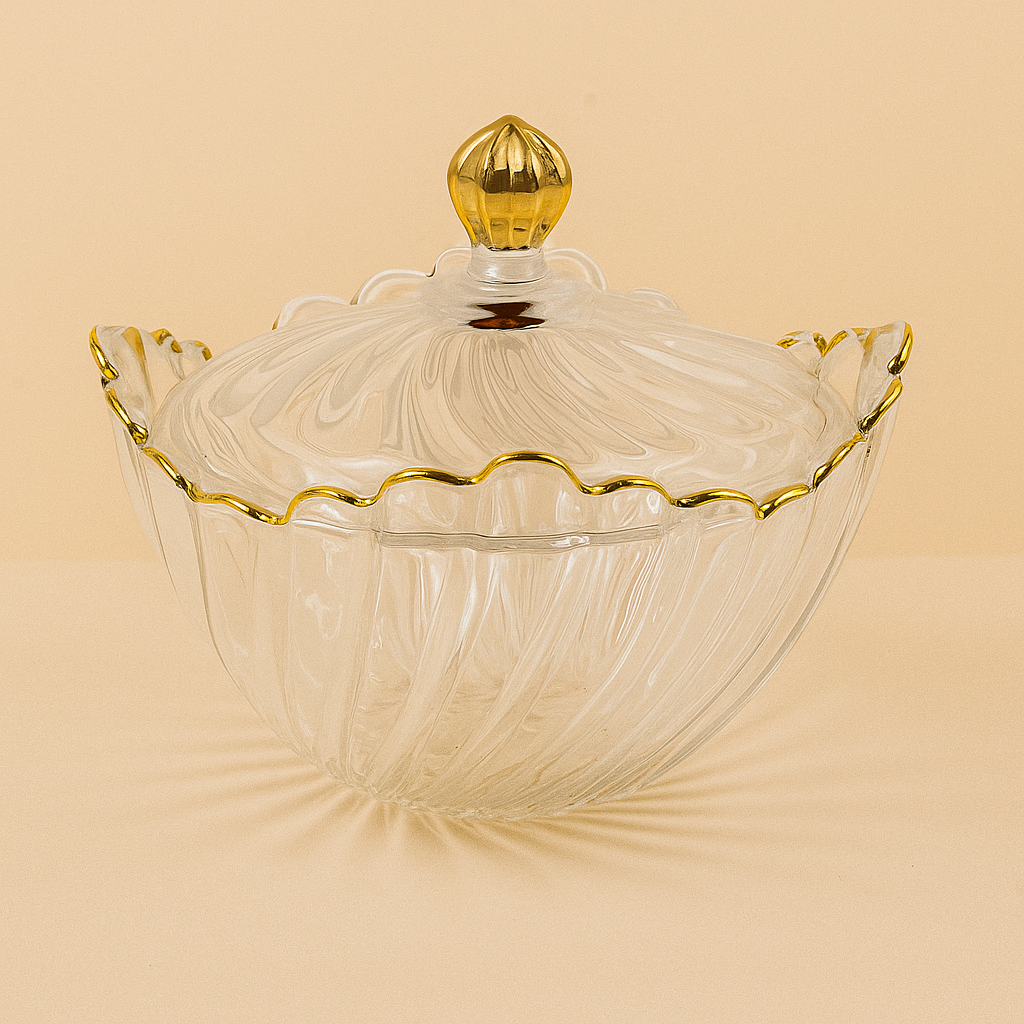Glass Bowl with Lid and Gold Trim – 18 cm Diameter – DM603