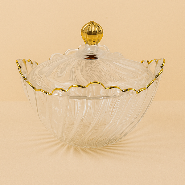 Glass Bowl with Lid and Gold Trim – 18 cm Diameter – DM603