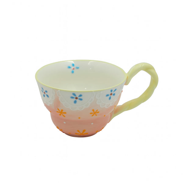 1518-08 Ceramic Mug – Floral Design with Yellow Twisted Handle