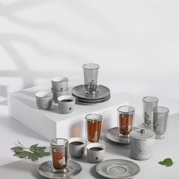 ET2943 Naqsh Tea & Cawa Cup 19-Piece Set – Grey & Silver