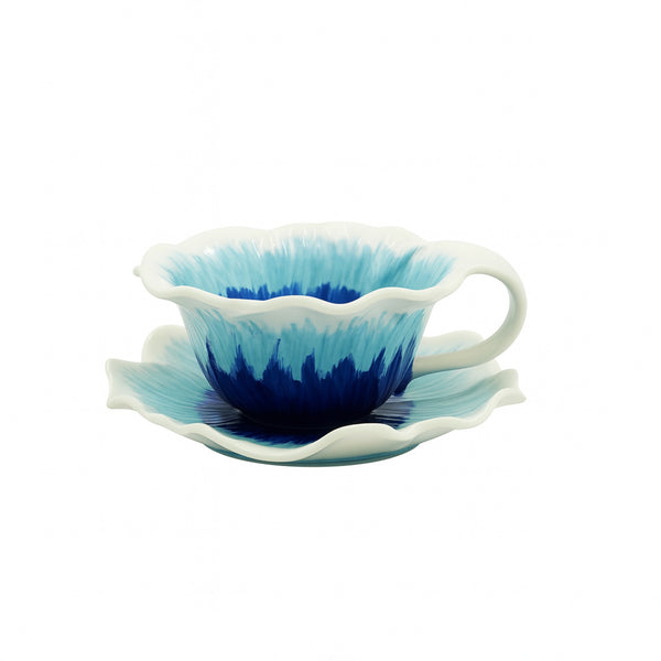 1518-14 Ceramic Mug & Saucer – 300ml – Blue Floral Petal Design