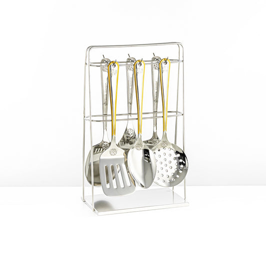 CUT0010383 7-Piece Stainless Steel Kitchen Tool Set with Stand – Gold and Silver
