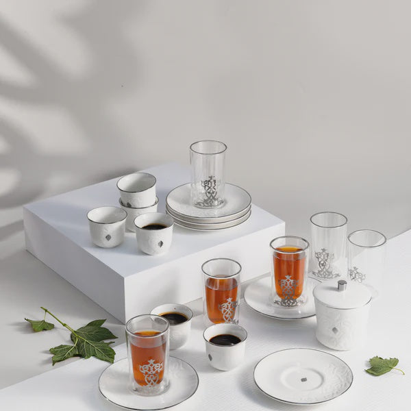 ET2941 Naqsh Tea & Cawa Cup 19-Piece Set – White & Silver