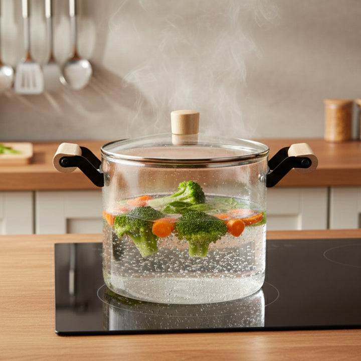 Clear glass pot with vegetables on a stove in a kitchen setting