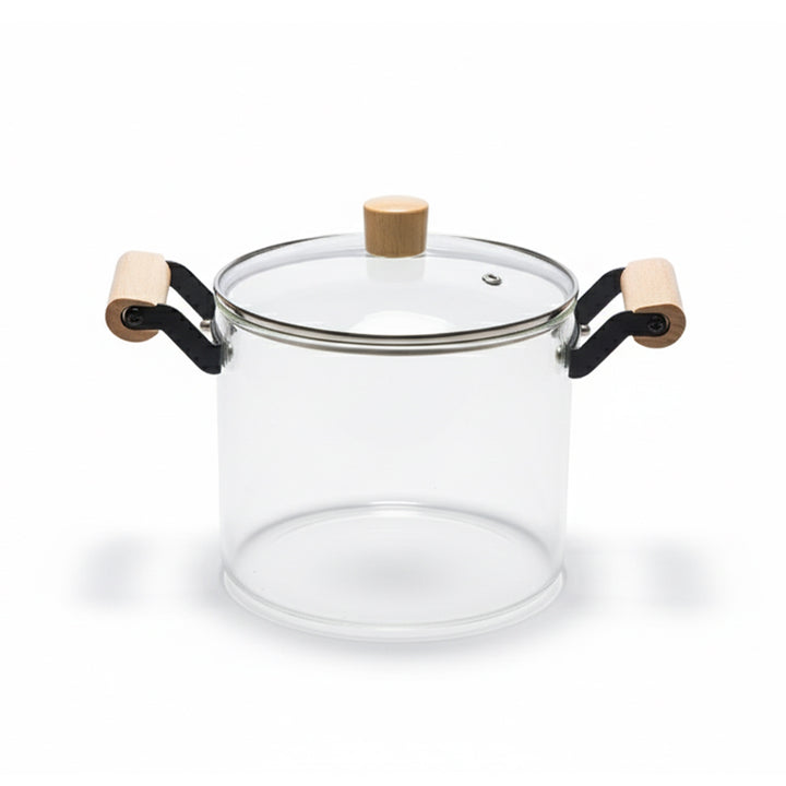 Clear glass container with wooden handles and lid on a white background
