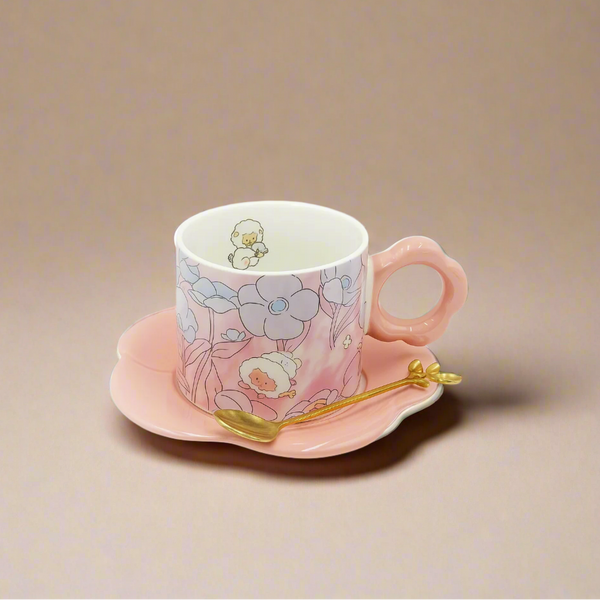 Ceramic Cup & Saucer with Pink Floral Cartoon Design and Gold Spoon – 99320-11