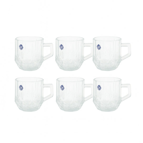ISF-232 Haylin Glass Cup 6-Piece Set 210ml – Clear Faceted Starburst Design with Handle