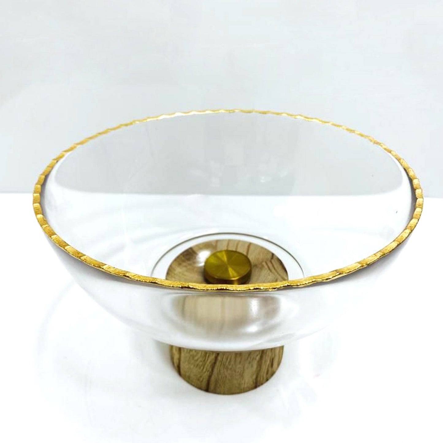 VG202 Glass Bowl with Wooden Stand and Gold Rim - 24cm x 24cm x 15.5cm