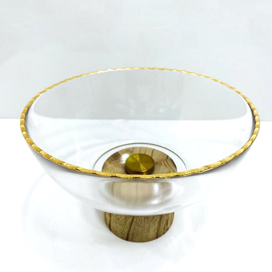 VG202 Glass Bowl with Wooden Stand and Gold Rim - 24cm x 24cm x 15.5cm