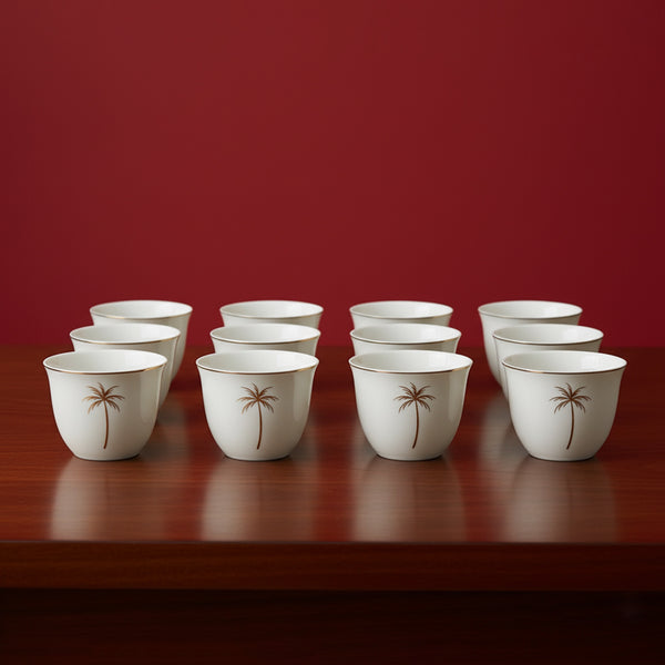 5857G Cawa Cup Set – 12-Piece Elegant White Design with Gold Palm & Rim