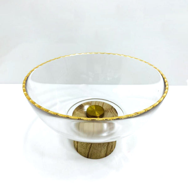 VG201 Glass Bowl with Wooden Stand and Gold Line - 20 cm x 20 cm x 14.5 cm
