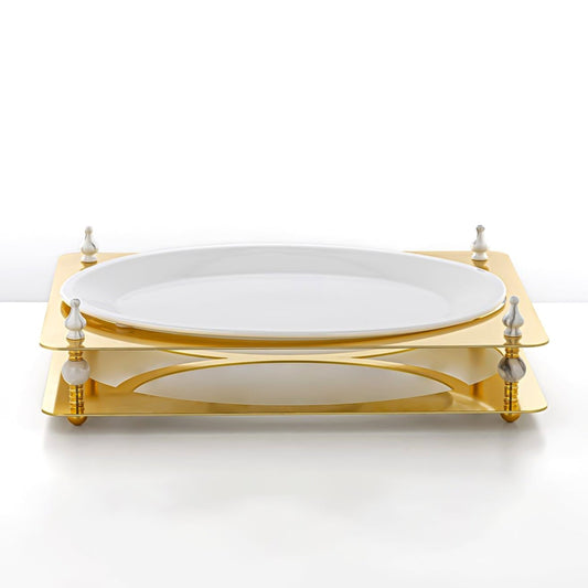 HM4113-G Oval Sweet Tray – Luxurious Gold Finish with White Ceramic Plate – 43cm (L) × 32cm (W) × 8cm (H)